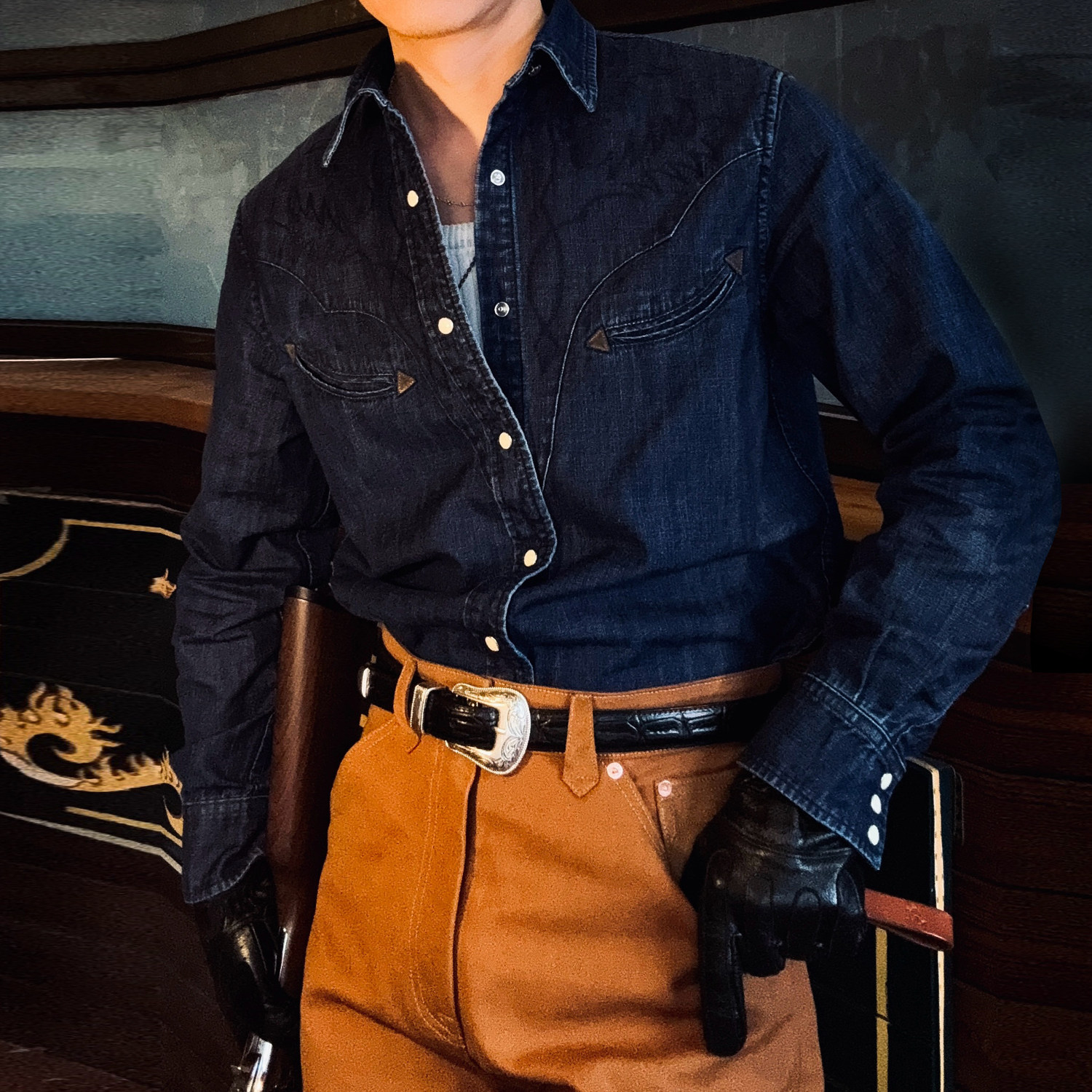 美式复古开口笑口袋刺绣西部衬衫8.5OZ全棉水洗做旧工装长袖衬衣