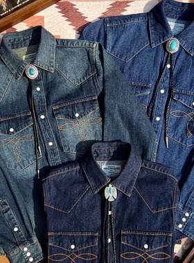 美式复古重磅长袖衬衣经典袋花RL风格宝石扣西部牛仔男士修身衬衫