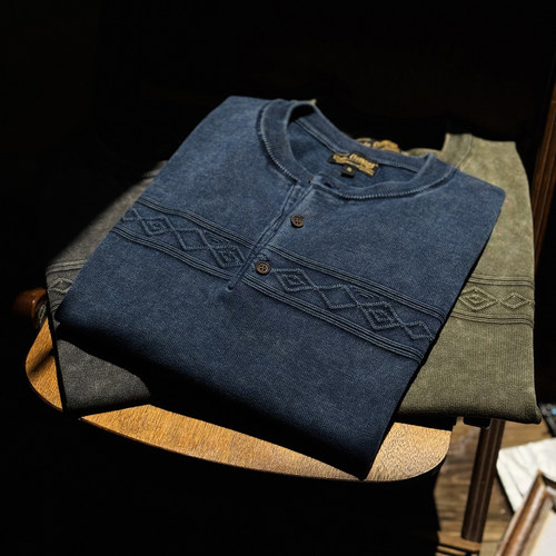 复古水洗石磨做旧亨利短袖T恤