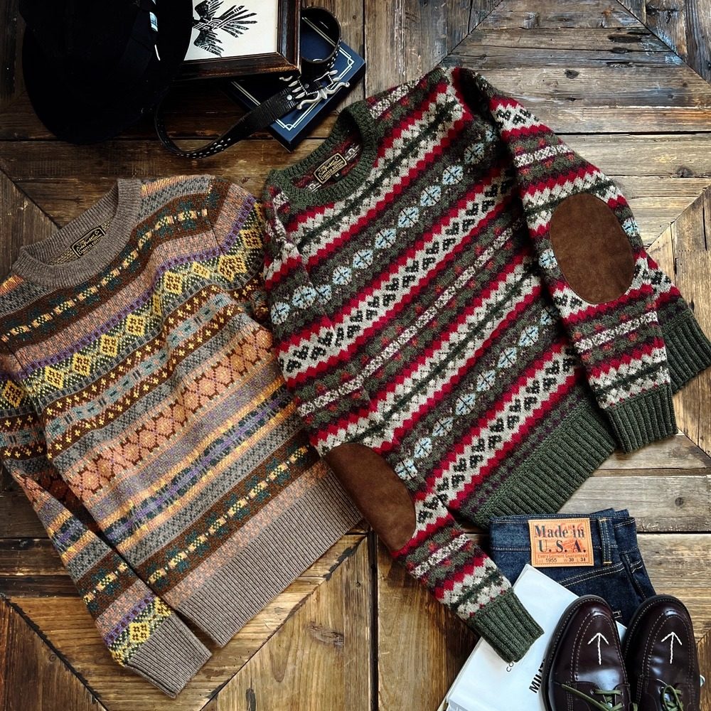 断码清仓——美式复古贝克汉姆同款费尔岛针织提花羊毛衫套头毛衣