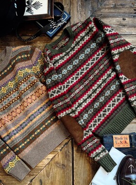 断码清仓——美式复古贝克汉姆同款费尔岛针织提花羊毛衫套头毛衣