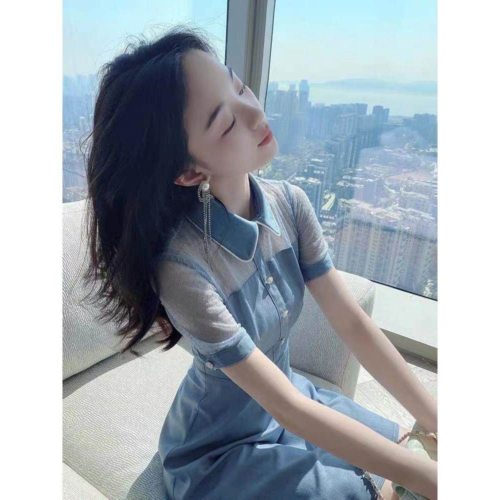 韩国2024新款洋派网纱拼接洋装女夏小个子修身气质a字牛仔短裙