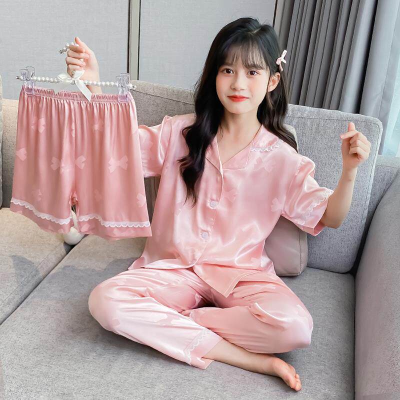 韩版女童冰丝睡衣夏季2024新款儿童女孩大童夏天薄款家居服三件套