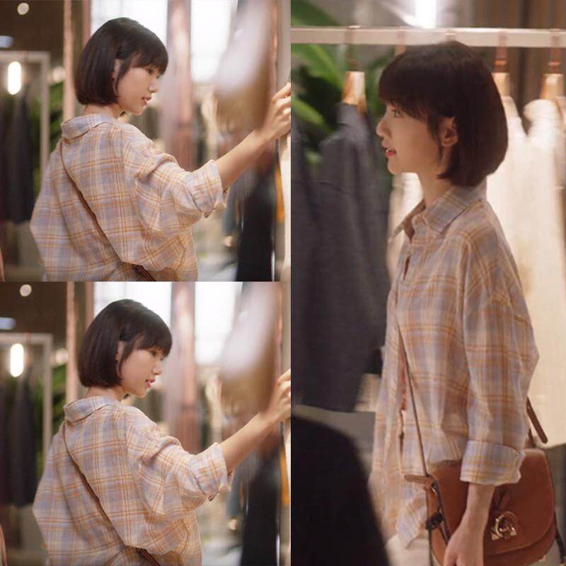毛晓彤钟晓芹同款韩版格子衬衫女宽松休闲外穿薄款上衣