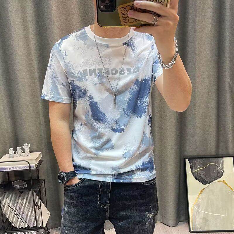 潮牌男夏季新款满身印花T恤衫修身半袖冰感男装衣服冰丝短袖t恤