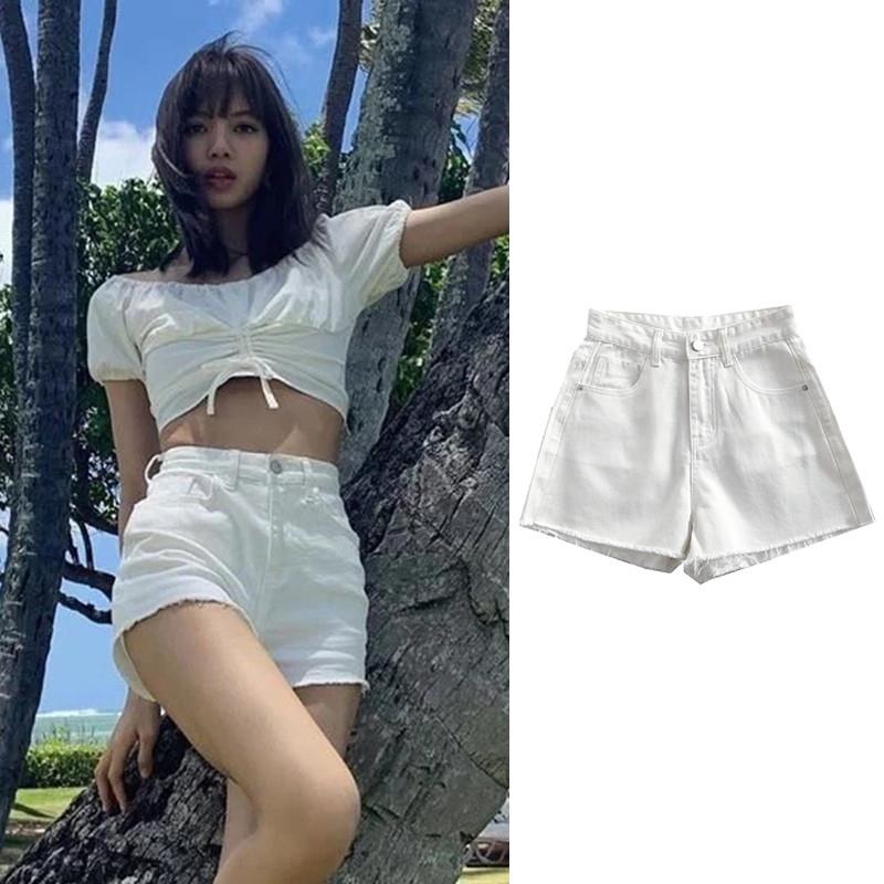Lisa同款脚口毛边裤夏季新款韩版显瘦高腰复古做旧阔腿牛仔短裤女