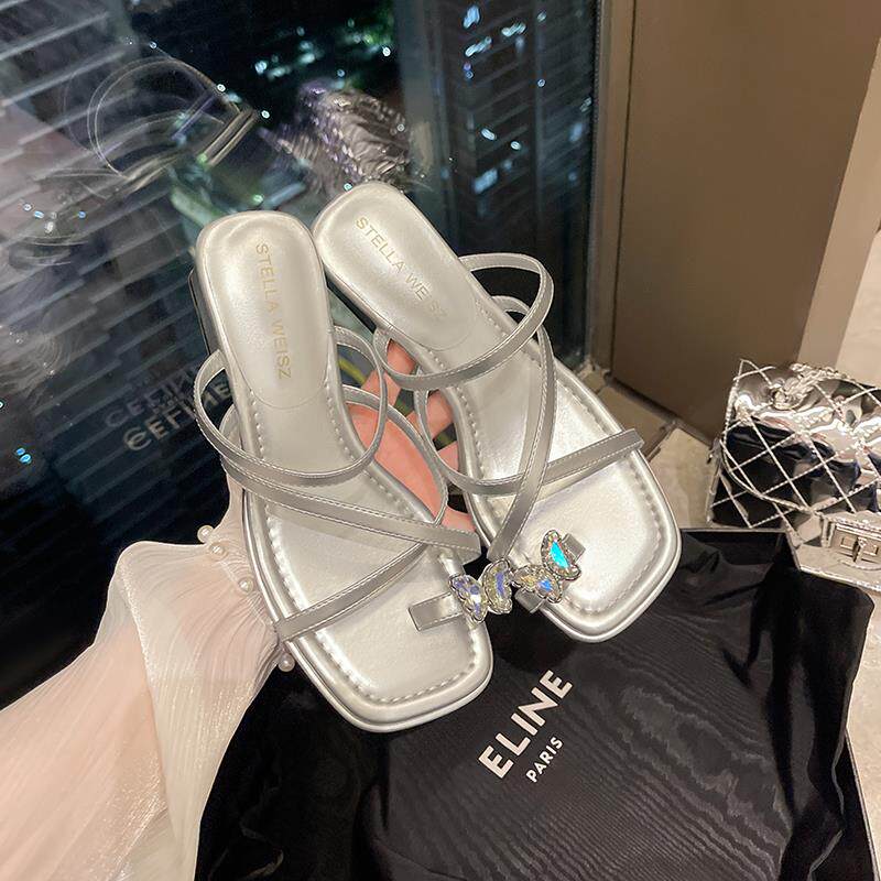 传祺女鞋2024夏季新款粗跟套趾凉鞋外穿高跟水钻蝴蝶法式小凉拖鞋