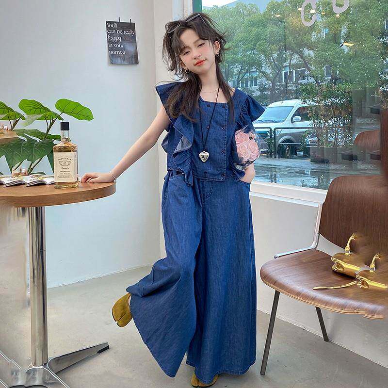 韩国女童夏装套装2024新款洋气儿童荷叶边背心上衣中大童牛仔裙裤