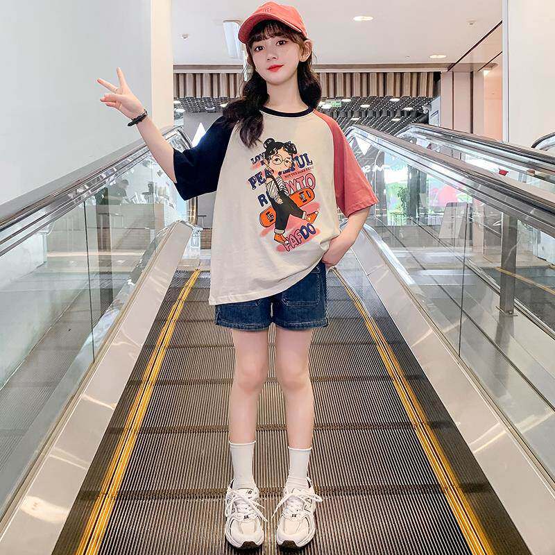 韩版女童纯棉短袖套装2024新款夏季儿童宽松上衣夏装大童女孩潮