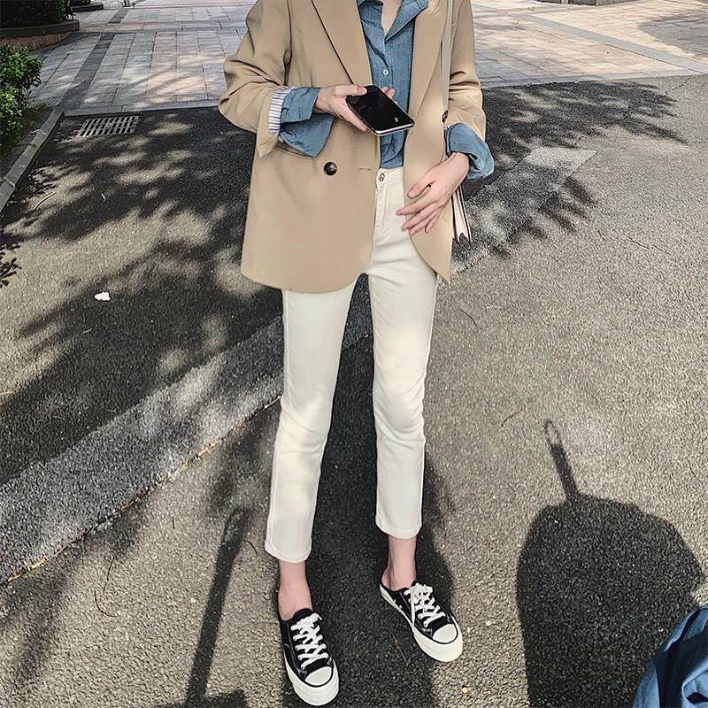 显瘦小直筒白色牛仔裤子女春秋2026新款加绒高腰显瘦烟管九分宽松