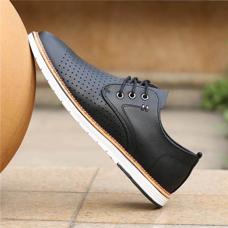 潮牌镂空透气防臭皮鞋男士夏季软底真皮商务休闲鞋男青年休闲凉鞋