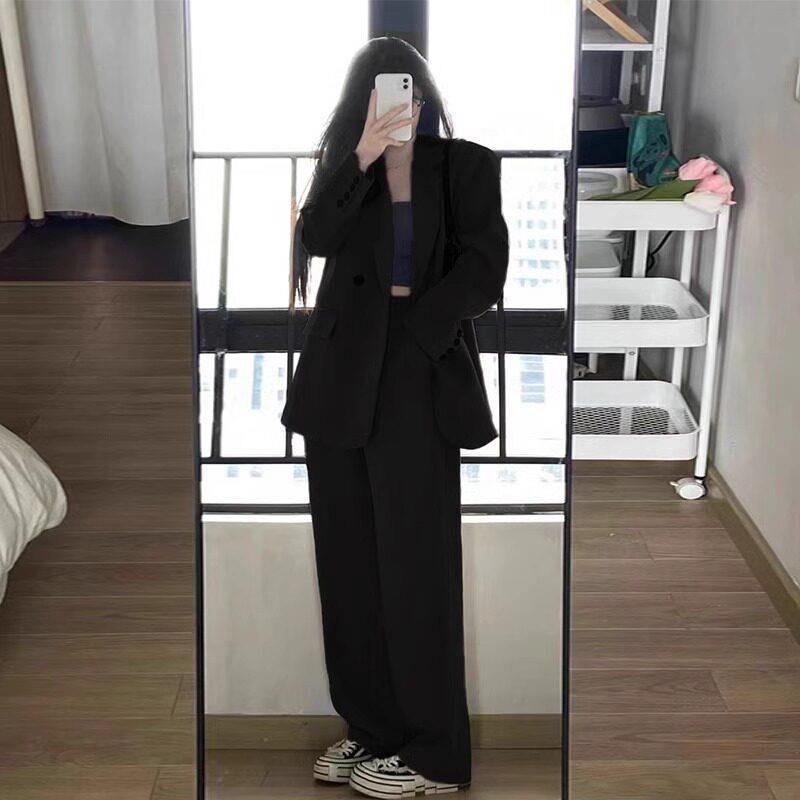 韩国女春秋大尺码黑色休闲西服套装御姐阔腿裤职业两件套西装外套