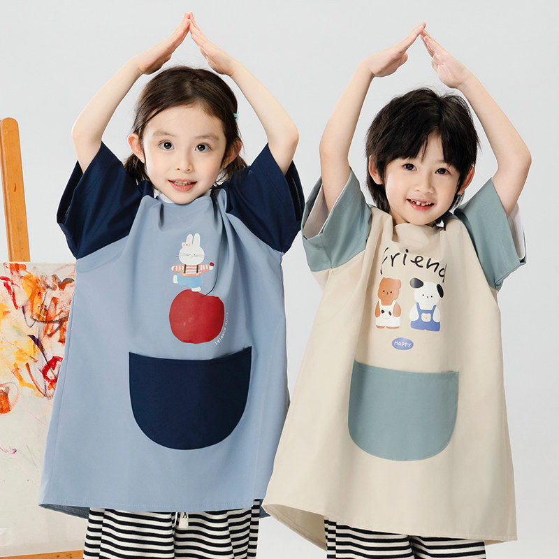 宝宝防水罩衣幼儿园画画防脏男孩短袖围兜女童可爱可印logo反穿衣