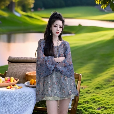 夏新款真丝乔其灰色花朵女时尚气质碎花印花薄款圆领长袖上衣洋气