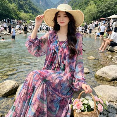 新款时尚气质森林印花宽松桑蚕丝连衣裙女装蓝紫花