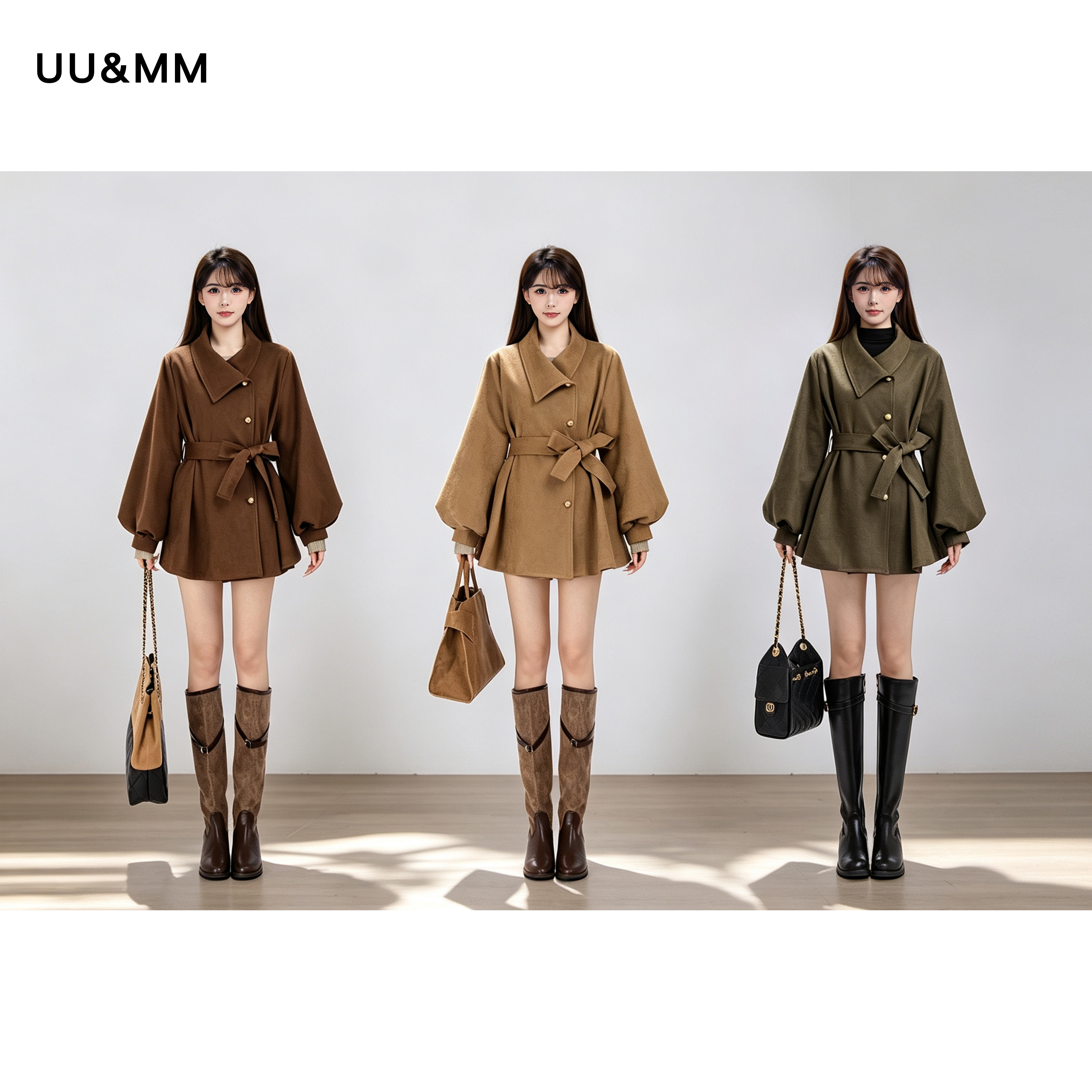 UU&MM秋冬麂皮绒赫本风翻领灯笼袖风衣女中长款系带收腰外套气质