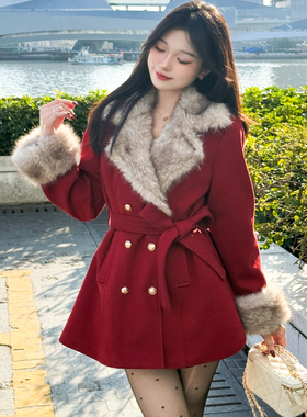 BULE蓝色星球女装冬季复古千金圣诞新年红毛毛翻领双排扣毛呢外套