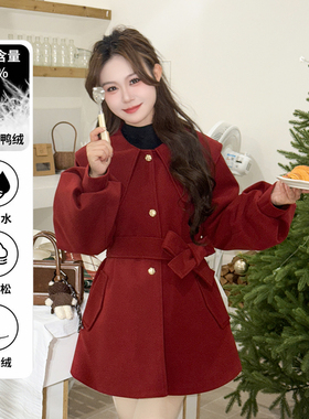 【白鸭绒】bule蓝色星球冬季2026年巨好看圣诞红色保暖呢子外套女