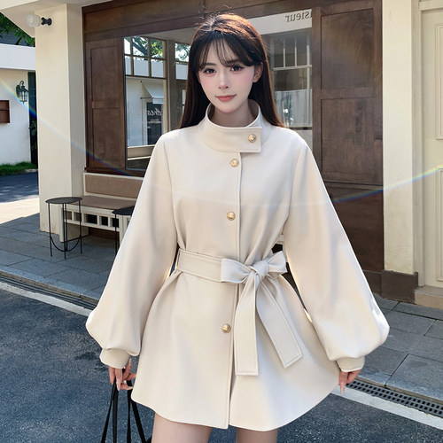 韩系立领灯笼袖风衣女小个子