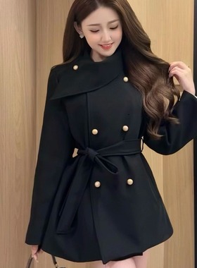 周淼2025秋冬流行风衣中长款小个子英伦风名媛网红爆款黑色大衣女