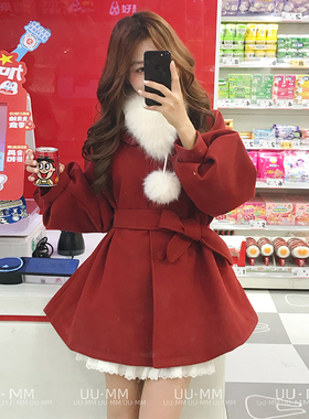bule蓝色星球冬季网红爆款圣诞红色喜庆呢子大衣灯笼袖毛呢外套女