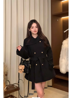 蓝色星球女装名媛黑色围脖风衣女网红爆款小个子中短款西装裙外套