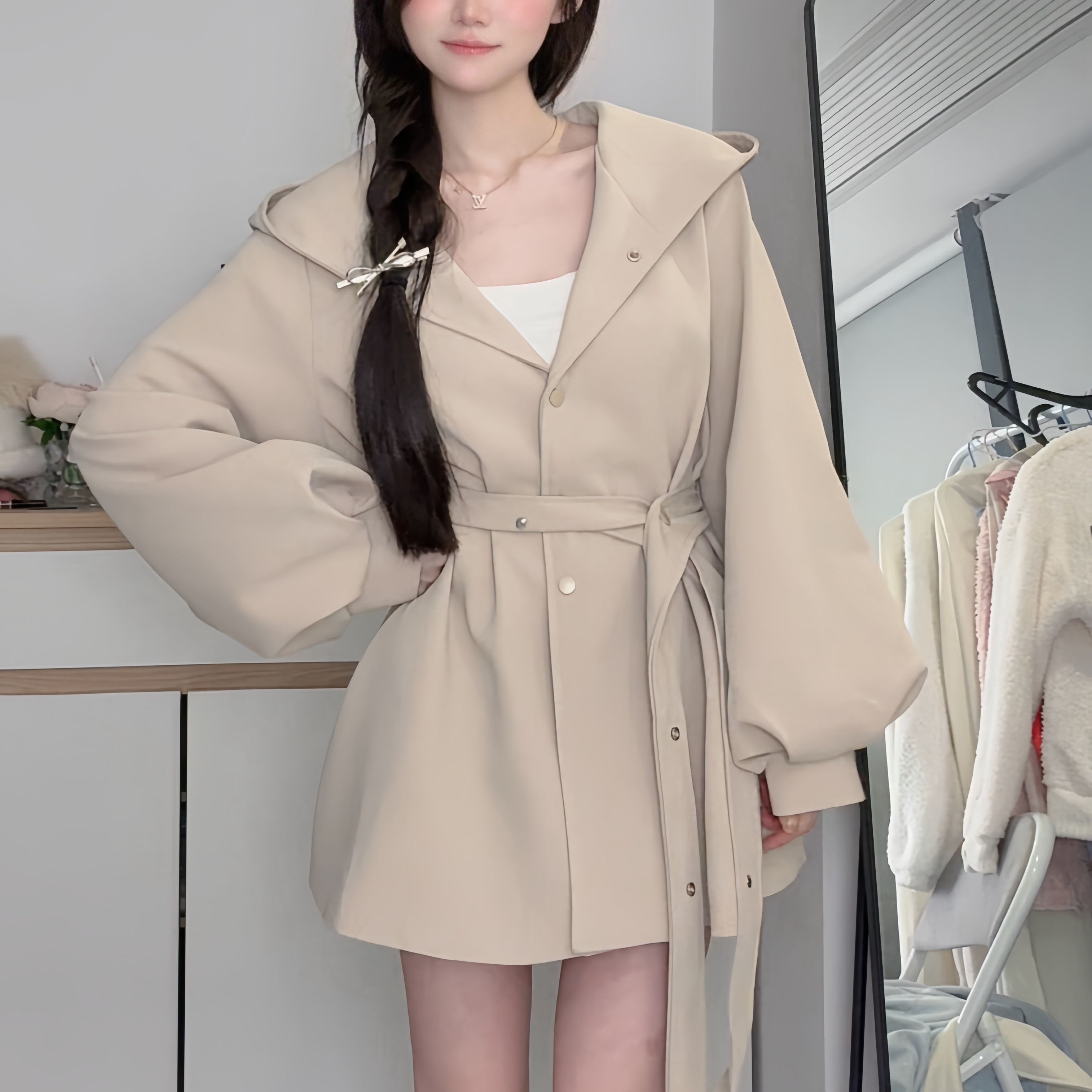 蓝色星球连帽风衣外套女2026新款短款灯笼袖小个子大衣爆款风衣裙