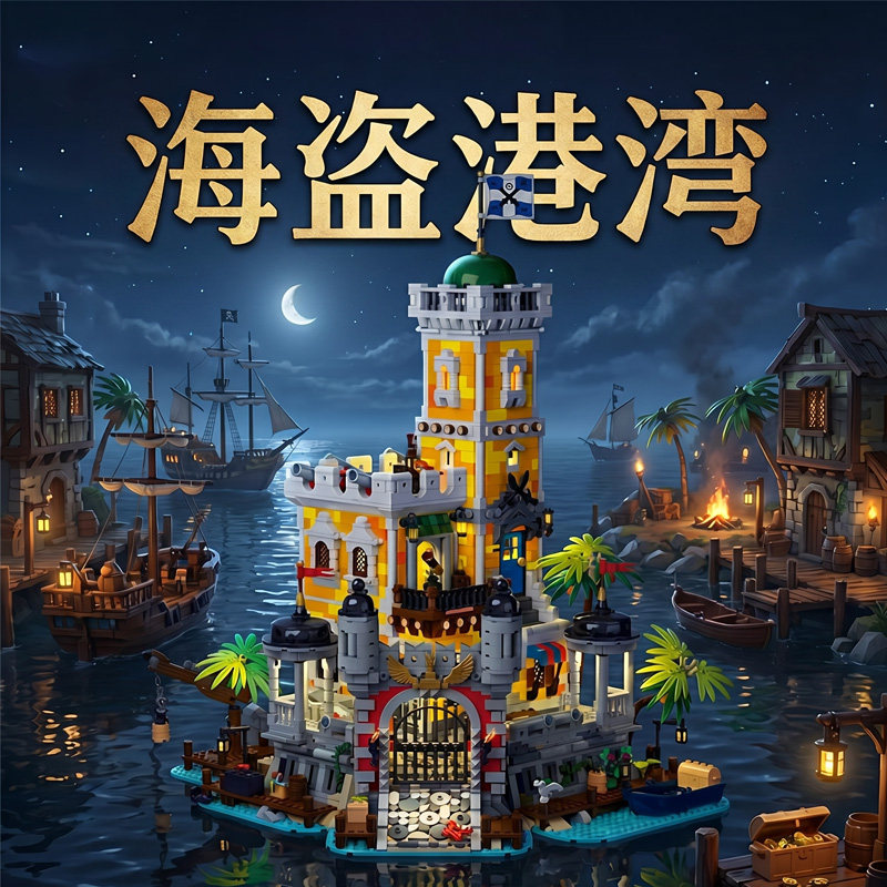Barweer跨境品牌 海盗港湾街景建筑积木带灯高难度拼装玩具