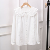 大码 打底衫 宽松百搭日系设计感文艺小清新 女长袖 春秋娃娃领白衬衫