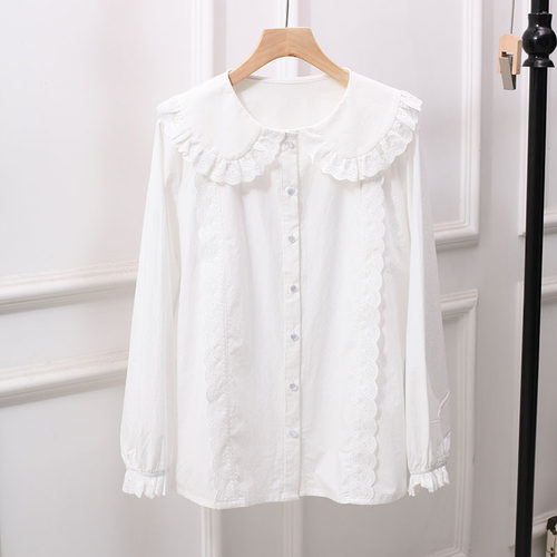 宽松日系长袖棉白衬衫娃娃领