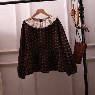 设计感胖 女上衣宽松百搭减龄小清新大码 日系碎花蕾丝领娃娃衫 长袖