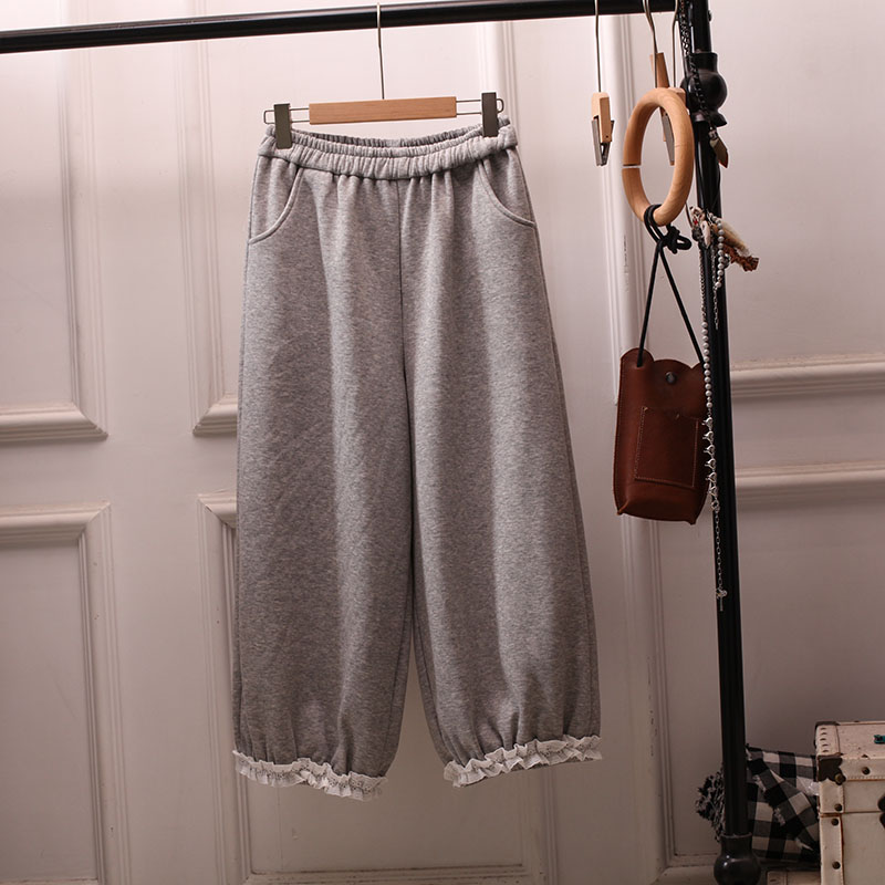 日系秋冬加绒蕾丝花边卫裤花苞裤