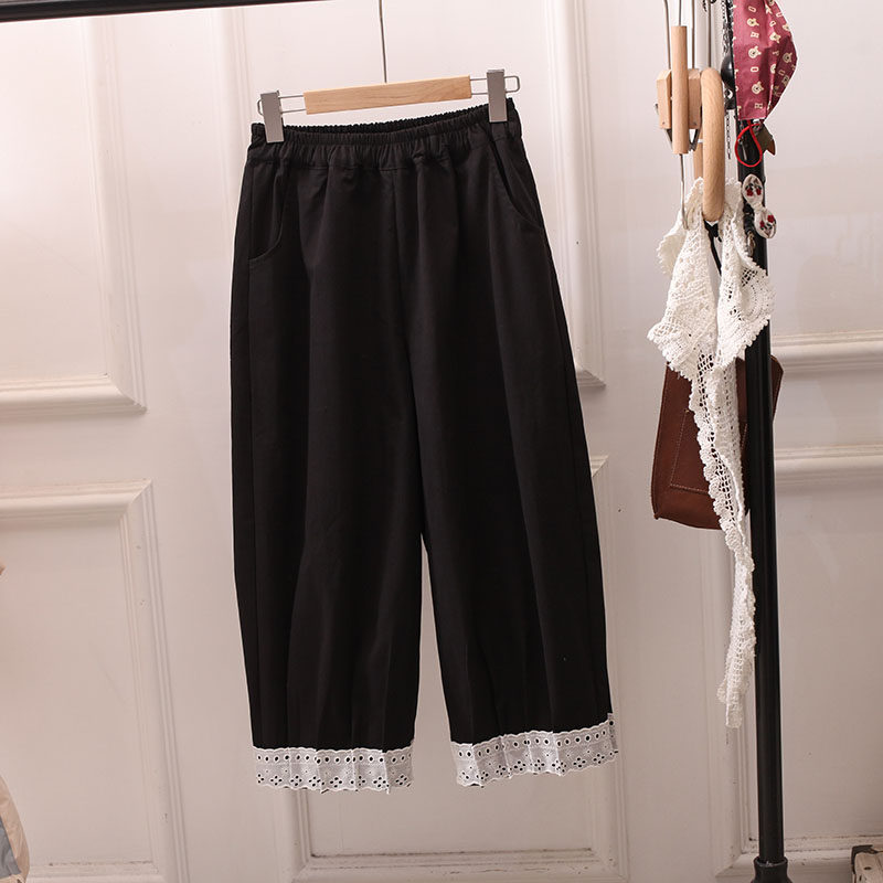 复古日韩系松紧腰蕾丝花边工装阔腿裤女哈伦裤休闲裤百搭显瘦大码,女装/女士精品,休闲裤,淘宝优惠券,粉丝福利购,淘宝优惠卷