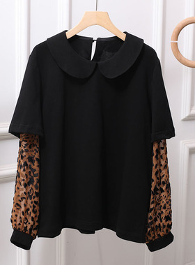 新款百搭黑色T恤娃娃领显瘦宽松大码设计感拼接打底衫日系文艺胖M