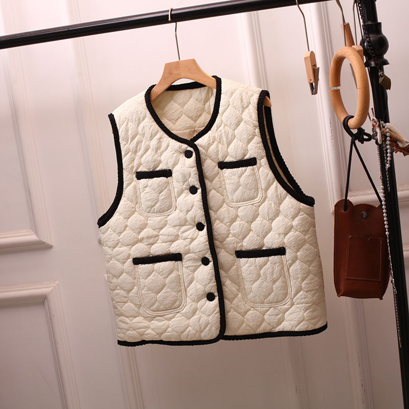 秋冬菱格棉服小香风马甲女上衣宽松百搭减龄小清新大码胖MM设计感