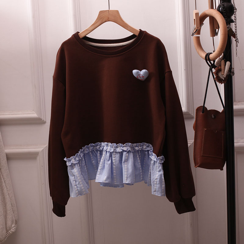 日系复古假两件荷叶边宽松卫衣女
