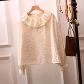 胖遮肚子 女上衣宽松百搭减龄小清新大码 秋冬花边领蕾丝打底衫 长袖