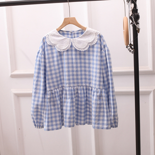 日系格子娃娃领长袖 女小个子别致衬衣上衣宽松百搭文艺小清新 衬衫