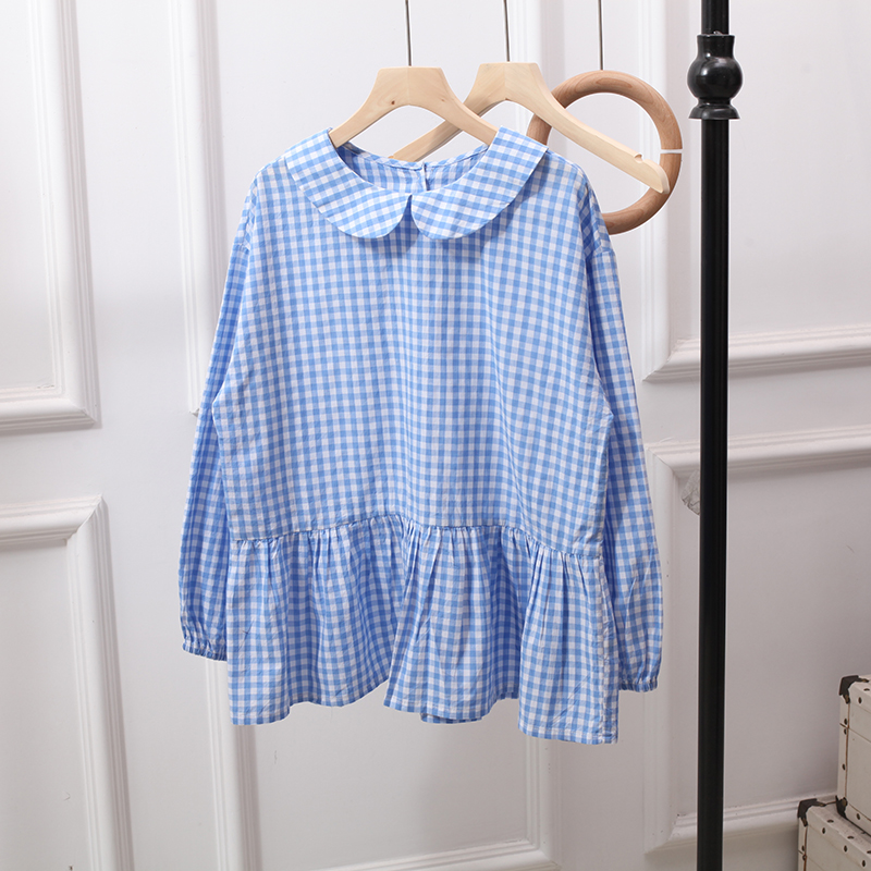 宽松日系长袖棉格子娃娃领衬衫