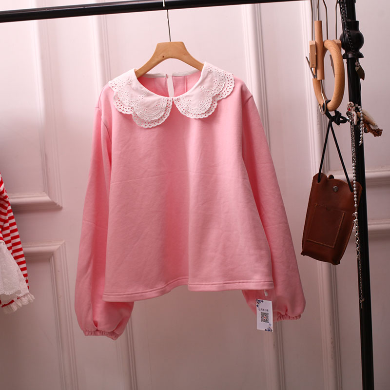 秋冬加绒日系甜美蕾丝娃娃领卫衣女宽松百搭减龄小清新上衣大码胖