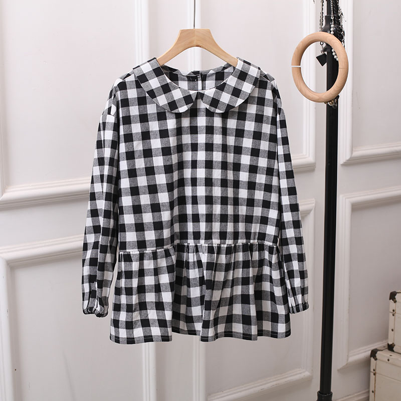 宽松日系长袖棉格子衬衫女