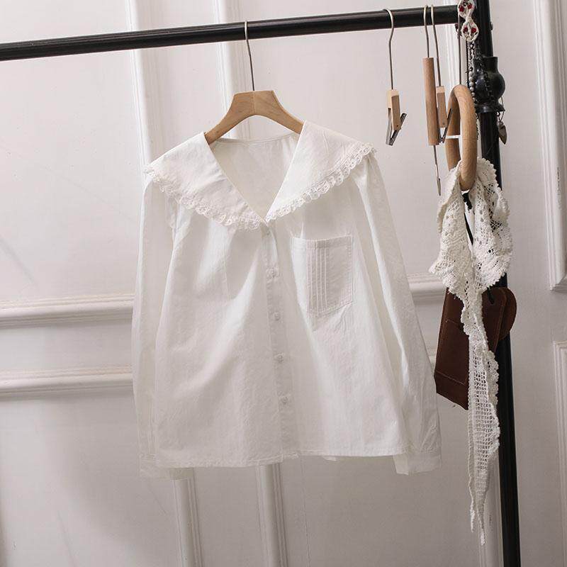 复古日系娃娃领荷叶边翻领白衬衫女上衣宽松文艺百搭大码长袖胖mm