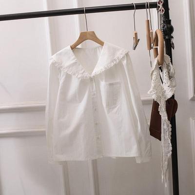 复古日系娃娃领荷叶边翻领白衬衫