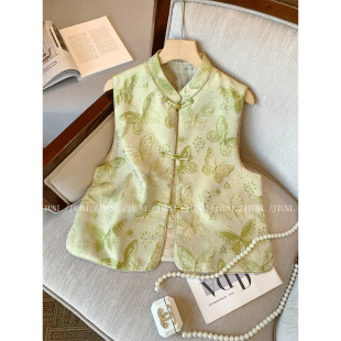 马甲外穿复古绿色上衣 国风新中式 2025年早春新款 蝴蝶提花刺绣女装