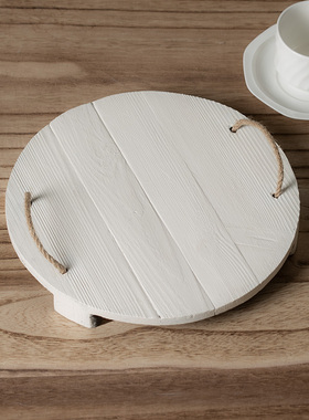 白色实木托盘美食摄影道具日式拍照道具甜品盘点心圆木盘寿司ins