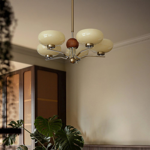 泡芙中古奶油风客厅吊灯法式复古胡桃木色卧室灯北欧书房主卧灯具