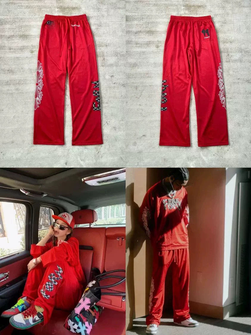 潮流新品梵文字母印花Mattyboy涂鸦红色网眼布男女款运动长裤