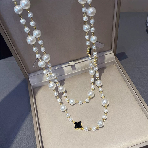 日韩长款珍珠项链多层四叶草毛衣链女韩版2024年新款潮时尚款双层