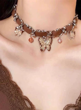 美式辣妹蝴蝶项链美拉德棕色复古choker颈环小众高级感皮革锁骨链