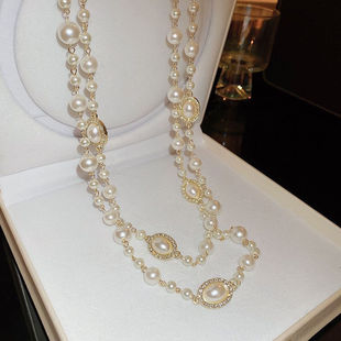 新中式长款珍珠项链多层轻奢小众旗袍毛衣链叠戴颈链女款装饰配饰